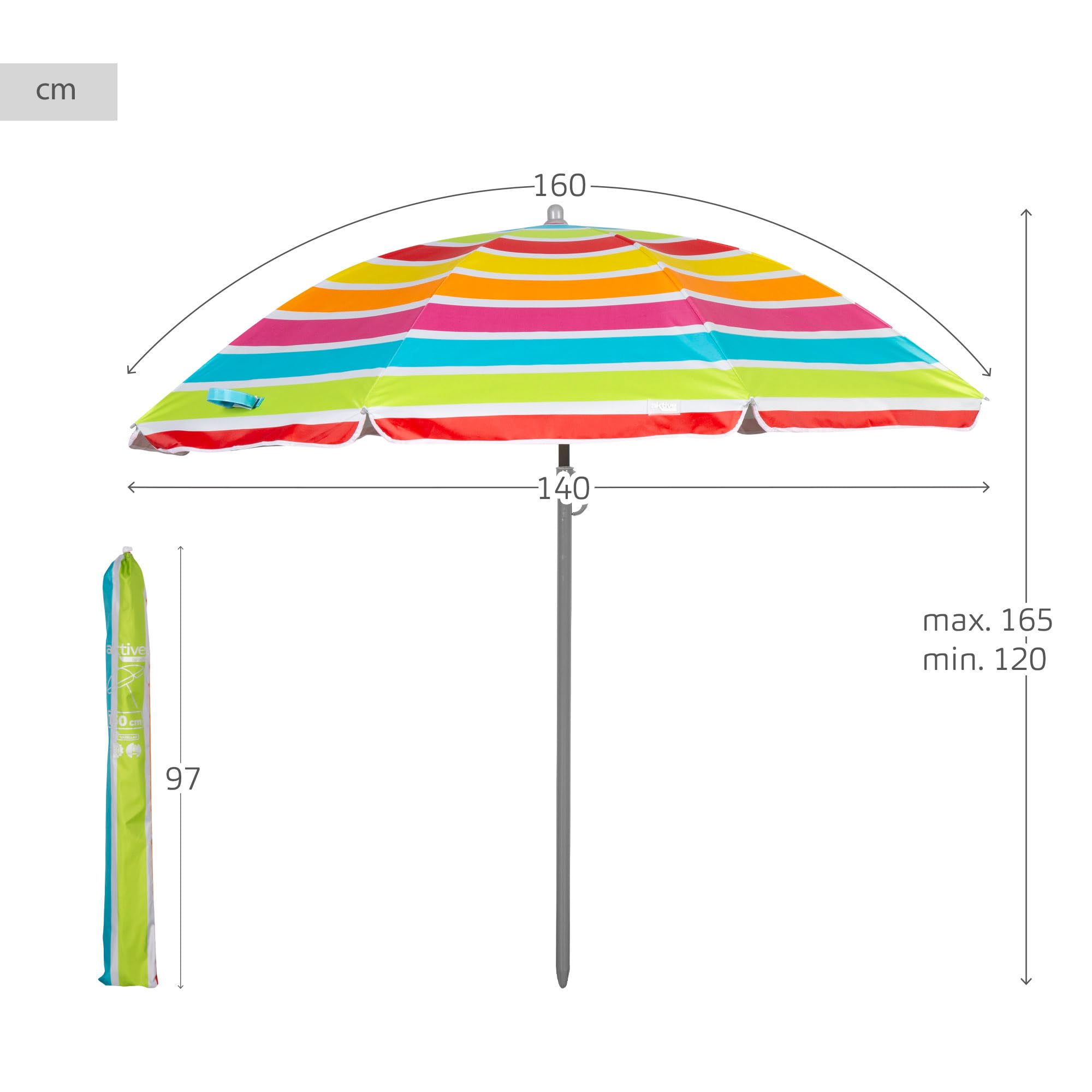 AKTIVE 62360 Parasol plażowy, ochrona UV50, nachylona i regulowana wysokość, stalowy maszt, tkanina poliestrowa Oxford, 8 żeberek, w zestawie pokrowiec z uchwytem, 160 cm, wielokolorowe paski, Żółty,