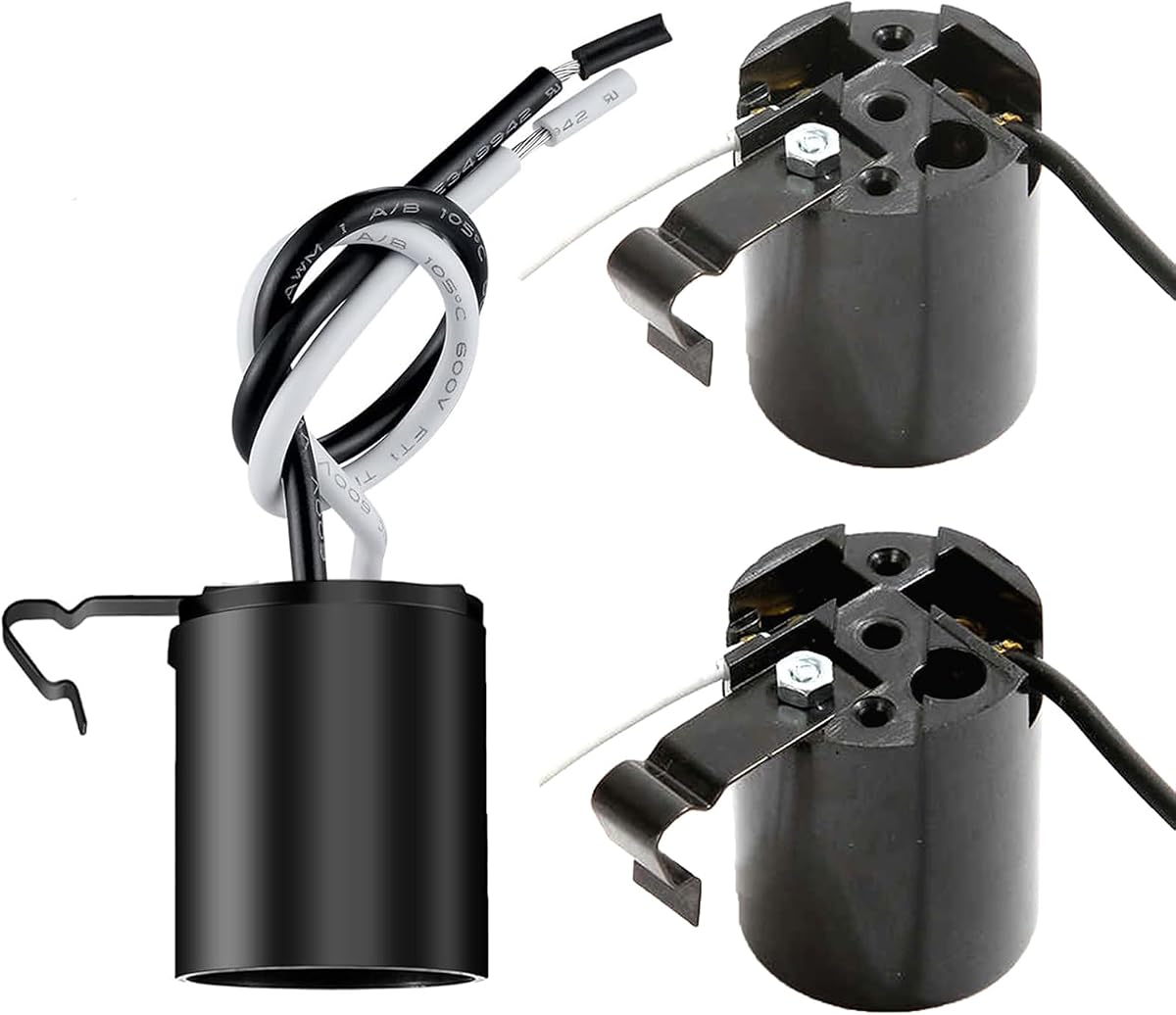Phenolic Medium Base E26 Fixture Socket, Keyless US Standard Lamp Holder for E26 Edison Screw Bulbs with Clip,Black (Pack of 3)