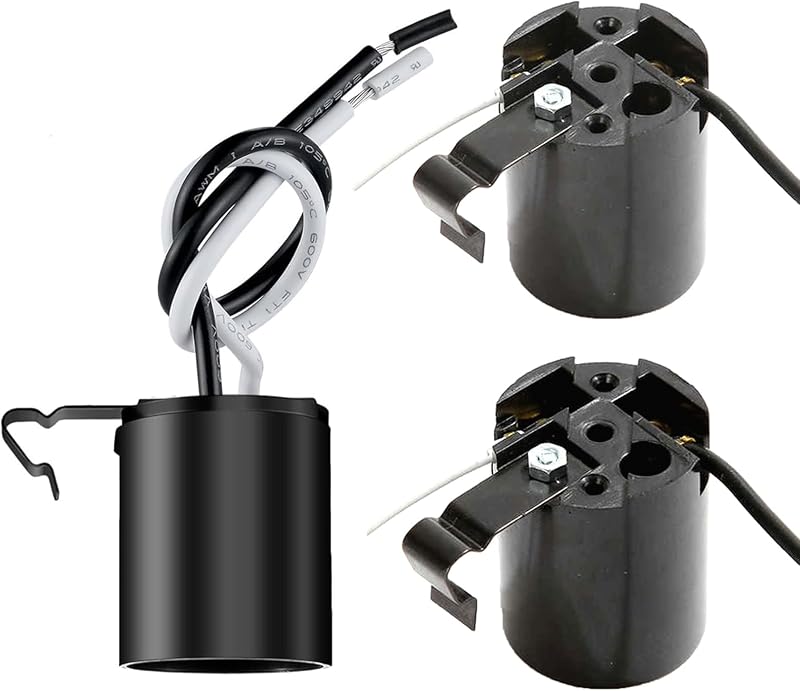 Phenolic Medium Base E26 Fixture Socket, Keyless US Standard Lamp Holder for E26 Edison Screw Bulbs with Clip,Black (Pack of 3)