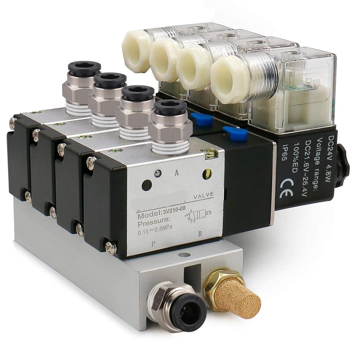 Électrovanne 3V210-08 24VDC avec collecteur 4 stations et raccords pneumatiques