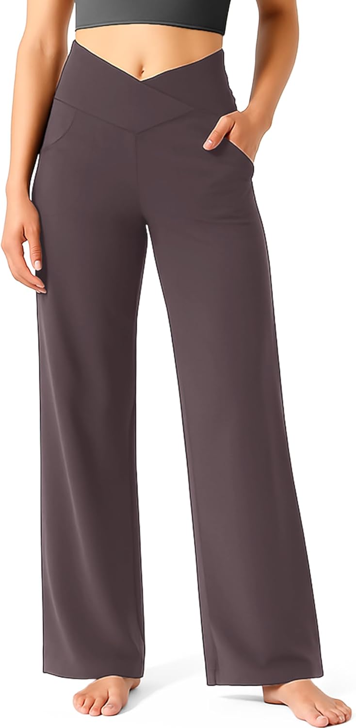 Wide Leg Yoga Pants for Women, Crossover High Waisted Lounge Pants with Pockets, Loose Straight Leg Casual Pants