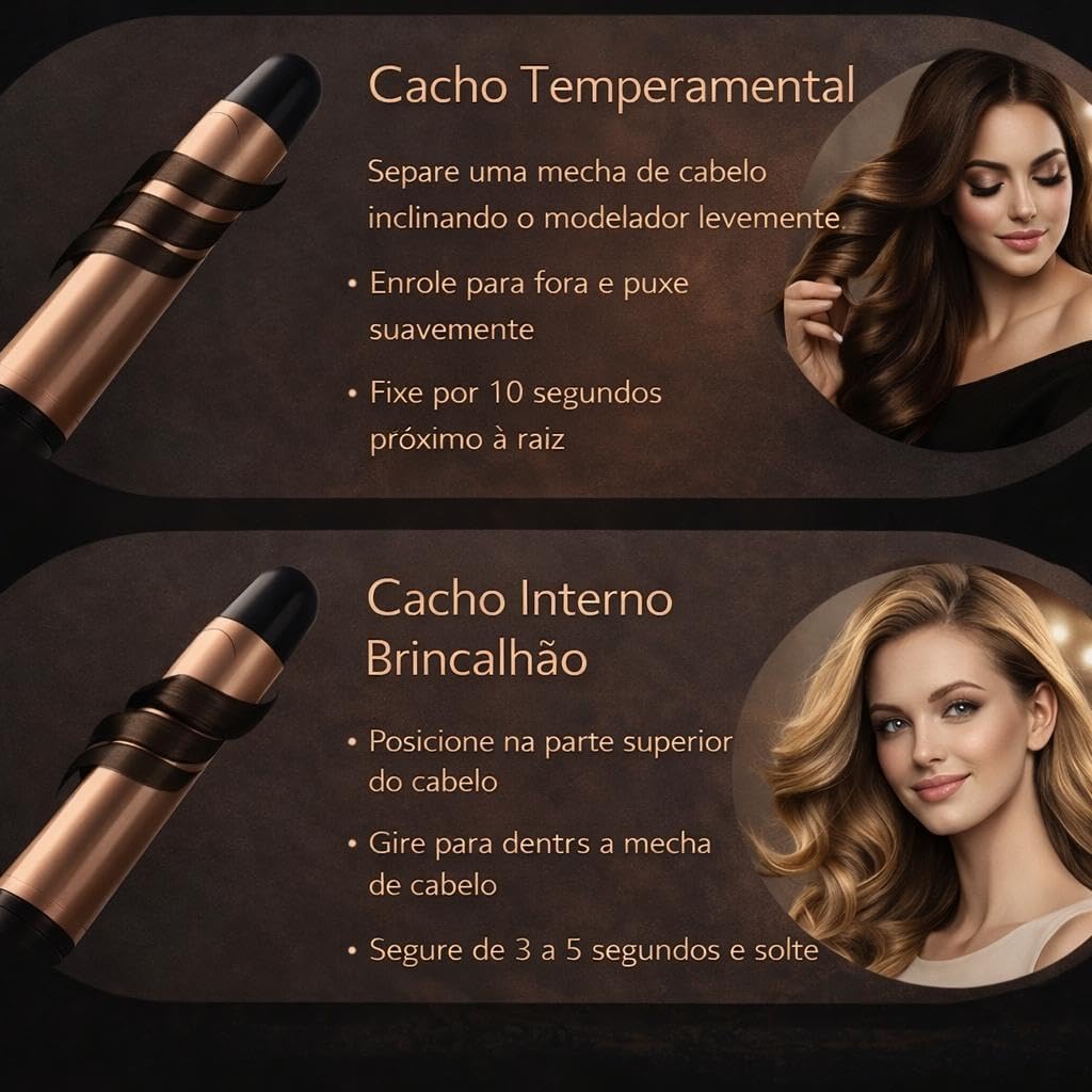 Guia passo a passo ilustrado para criar cachos temperamentais e internos com o aparelho