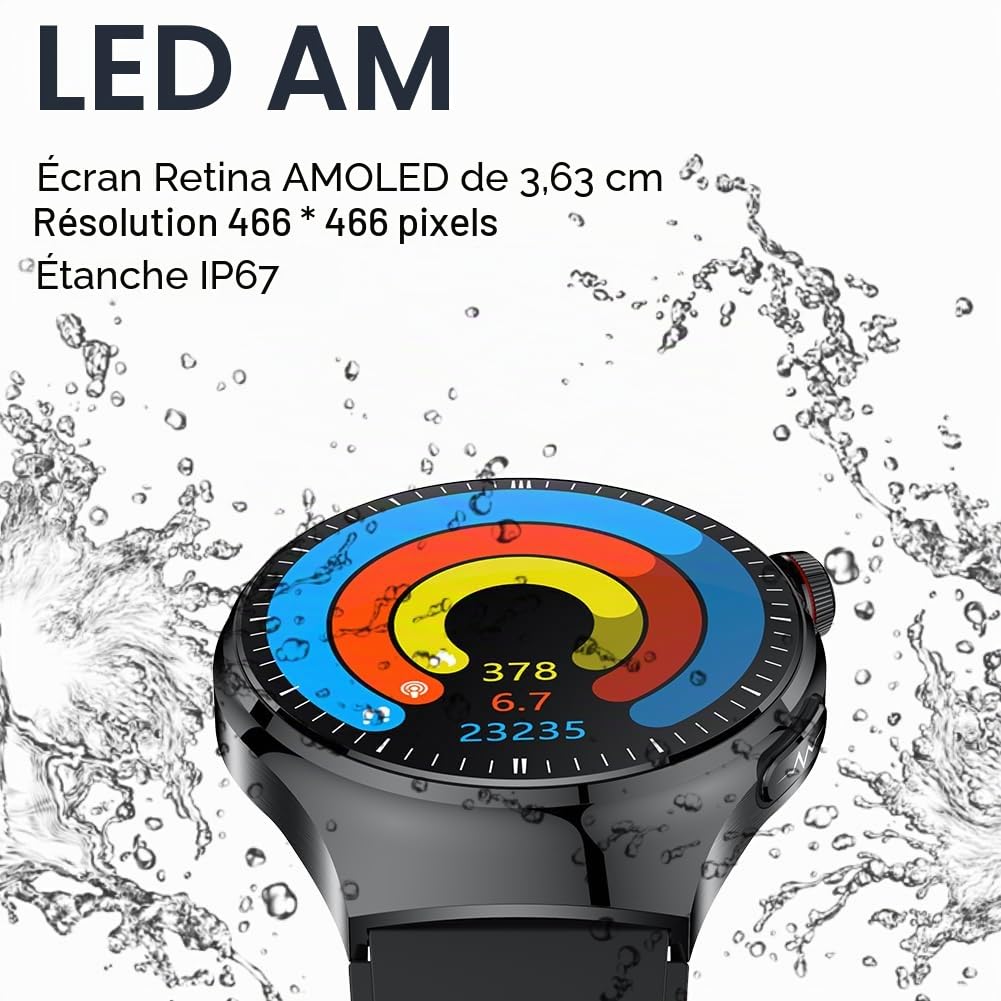 Montre Connectée ECG et Cadran Répondeur aux Appels,1,43 étanche AMOLED Smartwatch Femme Homme avec Oxymètre Pression Artérielle, SpO2, Fréquence Cardiaque pour Android iOS (Métal Noir)
