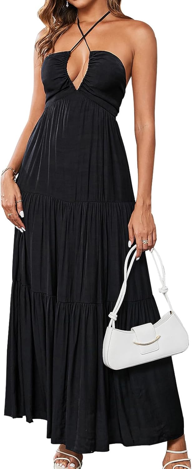 GLNEGE Summer Maxi Beach Dress Boho Halter V Neck Backless Bow Dresses Flowy Trendy Ruffle Sundress for Women 2025