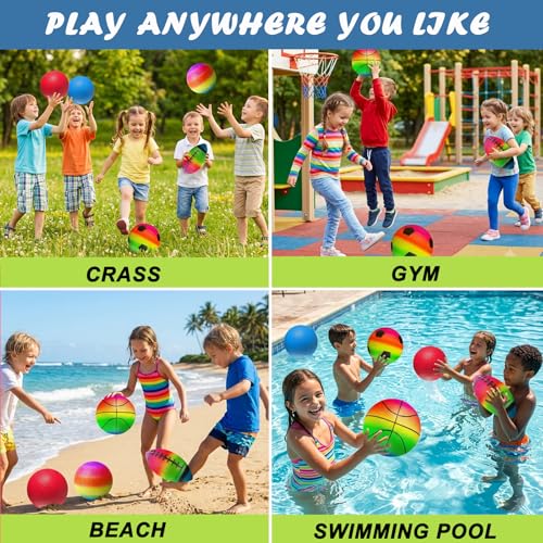 comethu 6PCS Rainbow Sports Balls Set for Kids with Pump and Net Bag, 8.5 Inch Basketball Soccer Volleyball Football Colorful Playground Balls, Inflatable Outdoor Playground Ball Toys for Boys Girls - Image 7