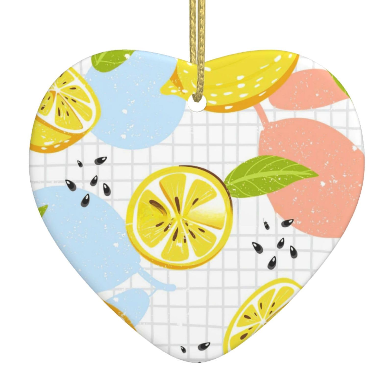 Nbtghga White Fruits Lemon Print Christmas Ornaments, Ceramic Hanging Ornament, Xmas Tree Decoration, Holiday Home Decor