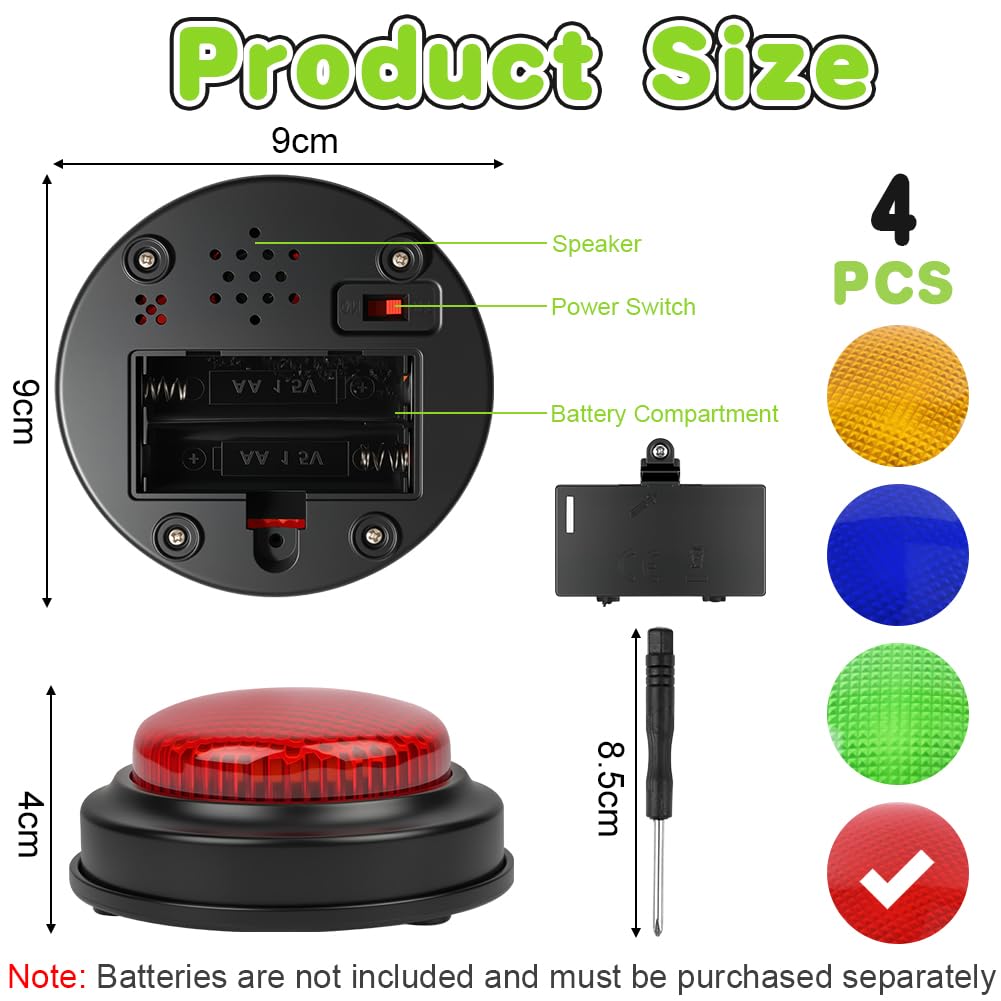 Botones de Respuesta, Accesorio para Quizz Timbre Luminoso y sonoro, Color Surtido, 4 Unidades, Juegos Educativos Regalos