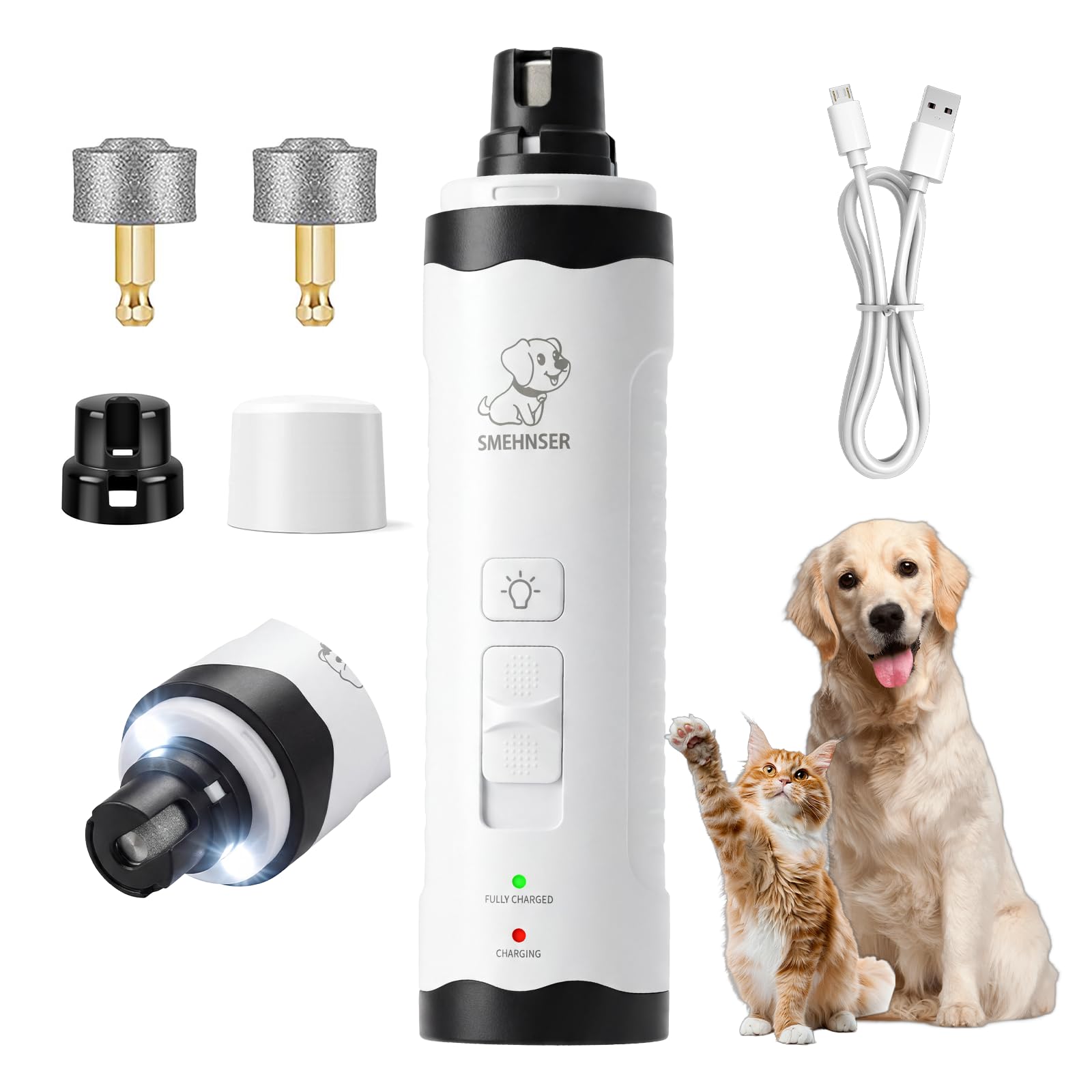 LED Pet Nail Grinder for Dogs and Cats, Rechargeable Electric Trimmer with 2 Grinding Wheels, Low Noise, White