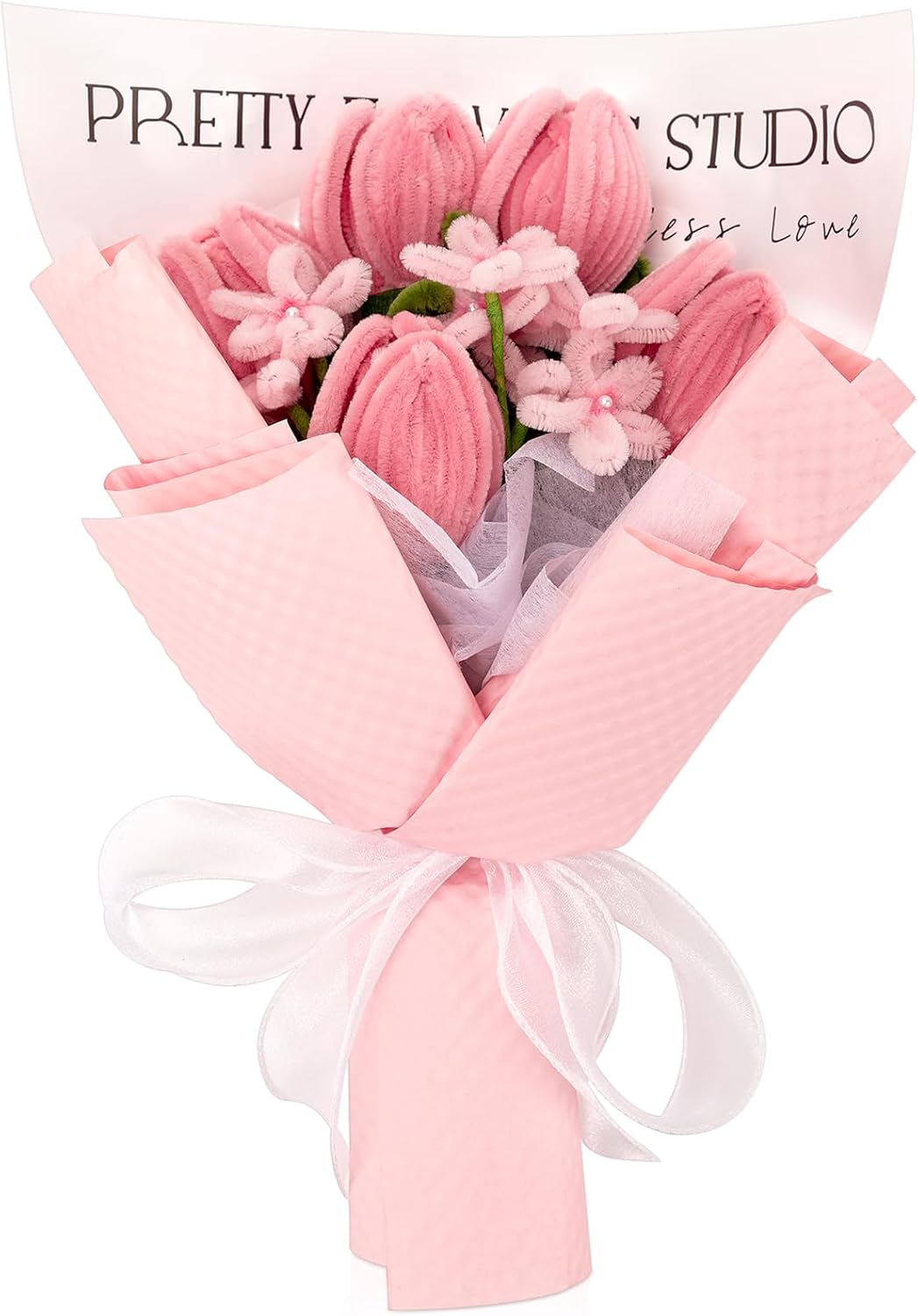 Completed Pipe Cleaners Tulip Flowers Bouquet, Pink Handmade Pipe Cleaners Bouquet, 5 Tulip 10 Daisy 15 PCS for Christmas Mother's Day Birthday Wedding Home Decor Gifts for Mom