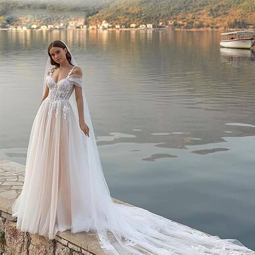 Miniatura 3 de Vestidos de novia con hombros descubiertos para mujer 2024 apliques de encaje vestidos largos de tul para novia, 7blanco