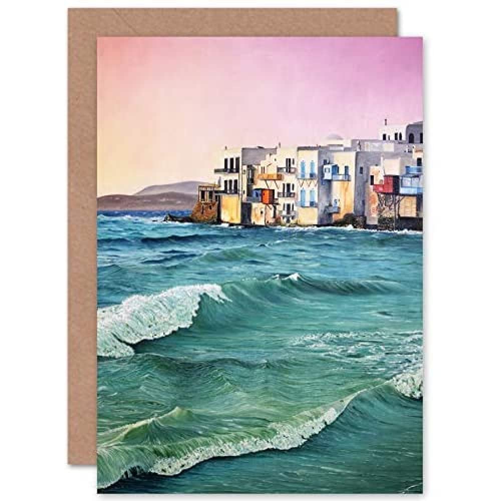 Wee Blue Coo Greece By The Sea Painting Greeting Card With Envelope Inside Premium Quality
