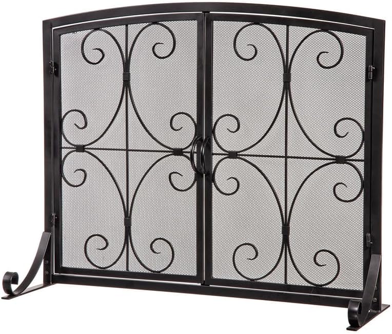 plow & hearth metal fireplace screen florence black | 38" w x 31" h | dual magnetic hinged doors | spark guard cover | stand alone wrought iron panel fire place cover