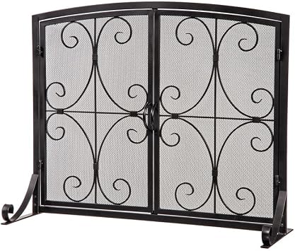 Plow & Hearth Metal Fireplace Screen Florence Black | 38 W x 31 H | Dual Magnetic Hinged Doors | Spark Guard Cover | Stand Alone Wrought Iron Panel Fire Place Cover