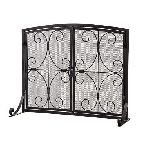 Plow & Hearth Metal Fireplace Screen Florence Black | 38\" W x 31\" H | Dual Magnetic Hinged Doors | Spark Guard Cover | Stand Alone Wrought Iron Panel Fire Place Cover