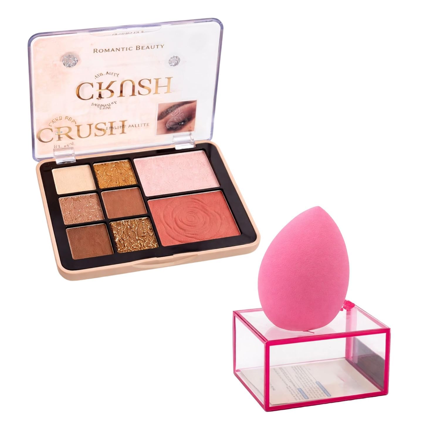 2-Piece Makeup Artistry Set – 8-in-1 Face & Eye Palette (Eyeshadows, Rose-Embossed Blusher & Silk Highlighter) & Premium Beauty Blender with Hygienic Travel Case – Complete Glow Kit-image-27