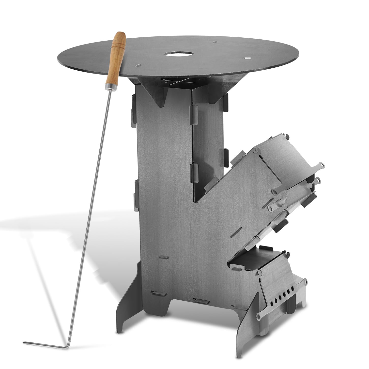 Raketenofen mit Grillplatte groß 5mm, Rocket Stove aus massivem 3 mm dickem Stahl, mit Feuerhaken, Kanonenofen Stecksystem mit 2 zusätzlichen Standfüßen，Holzofen Outdoor für Camping, BBQ, Dutch Oven