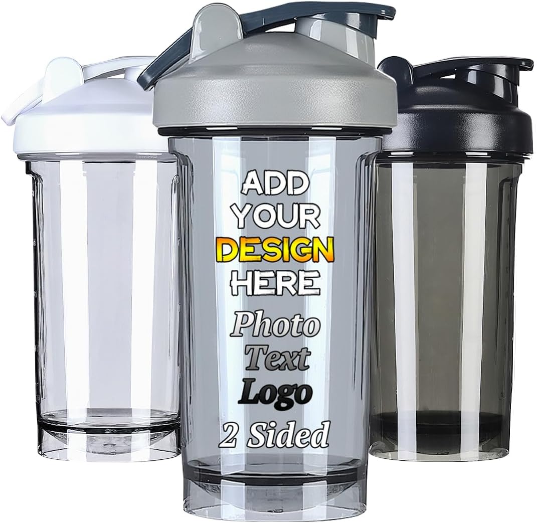 Personalized Fitness Shake Cup 18 Oz, Add Your Own Logo Name Image, Custom Protein Mixes Shaker Bottles, for Gym, Travel, Outdoor Sports, Grey