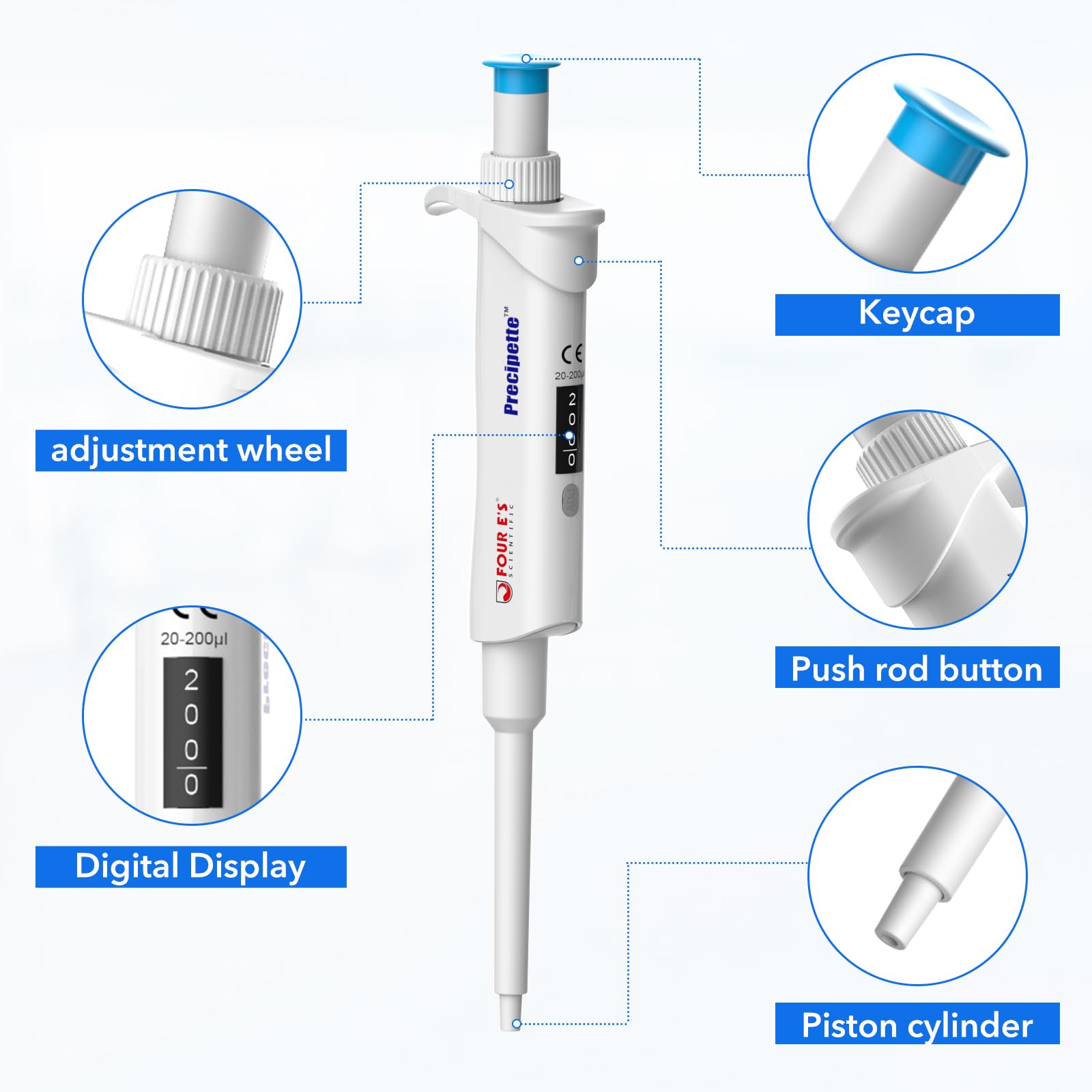 Mikropipette 20-200μl – Labor-Ein-Kanal-Pipette Hochpräzise, Mikropipette mit Einstellbarem Volumen, Unterer Teil Autoklavierbar