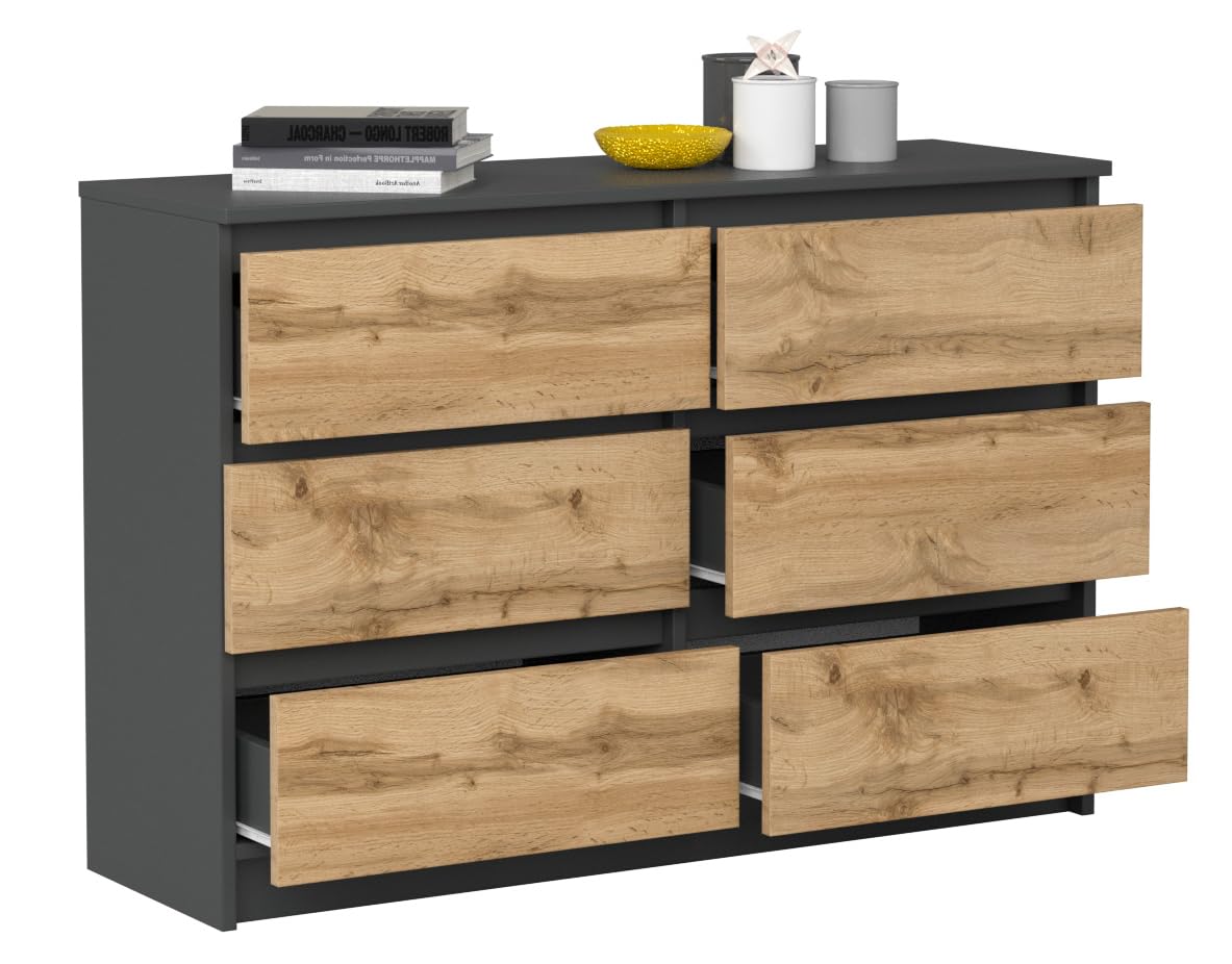 VBChome Kommode mit 6 Schubladen, Anthrazit-Artisan, 120 x 39 x 81 cm, Grifflose Holz-Schubladenkommode, Moderner Mehrzweckschrank für Flur, Schlafzimmer, Wohnzimmer & Kinderzimmer, Einfache Montage