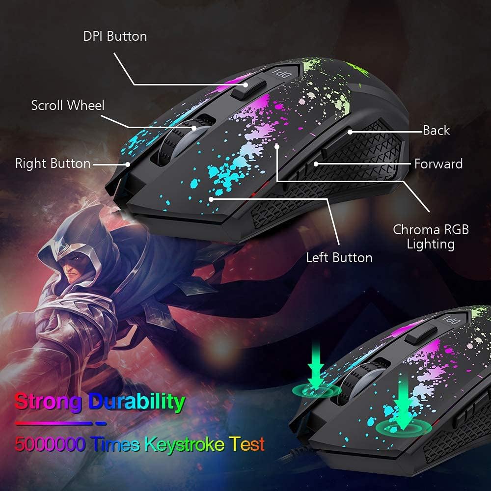BENGOO Gaming Mouse Wired, USB Ergonomic Computer Mice with Chroma RGB Backlit, 6400 DPI Adjustable, 6 Programmable Buttons, Optical Laptop PC Gamer Gaming Mice with Weight Tuning (Renewed)
