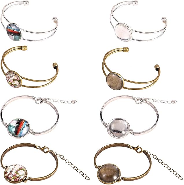 SUNNYCLUE 16pcs 4 Style Cabochon Bezel Tray Blank Cuff Bangles Bracelet Making Kit with 8pcs 20mm Round Clear Transparent Cabochon Glass Dome for Men and Women