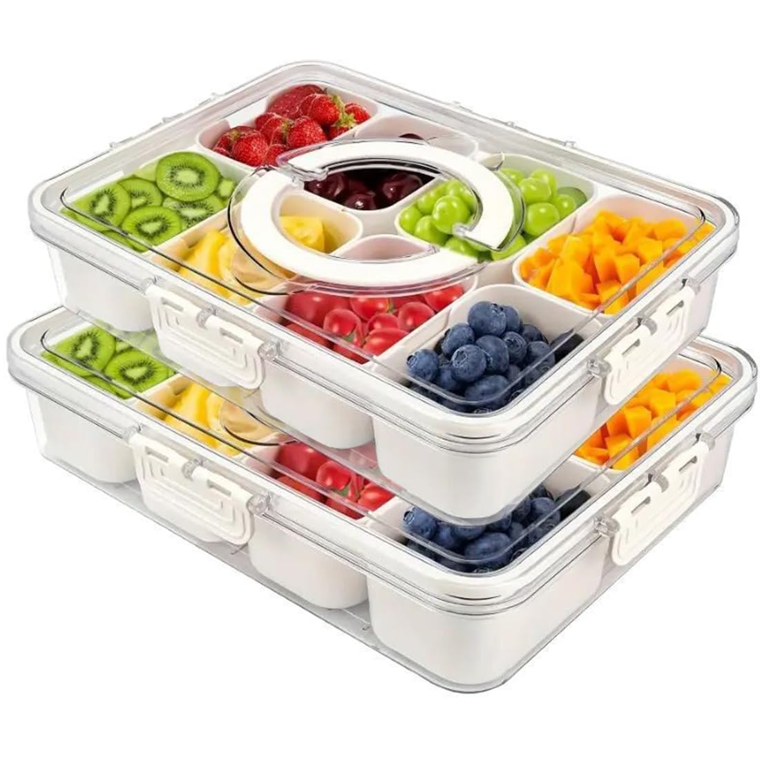 Muiltvoe 2PCS Divided Snackle Box, Snack Tray with Lid and Handle, Reusable Tray 8 Removable Compartment Box for Kitchen Party Picnic, Snack Boxes for Nuts Chips Veggie Spices Candy Fruits and Dip
