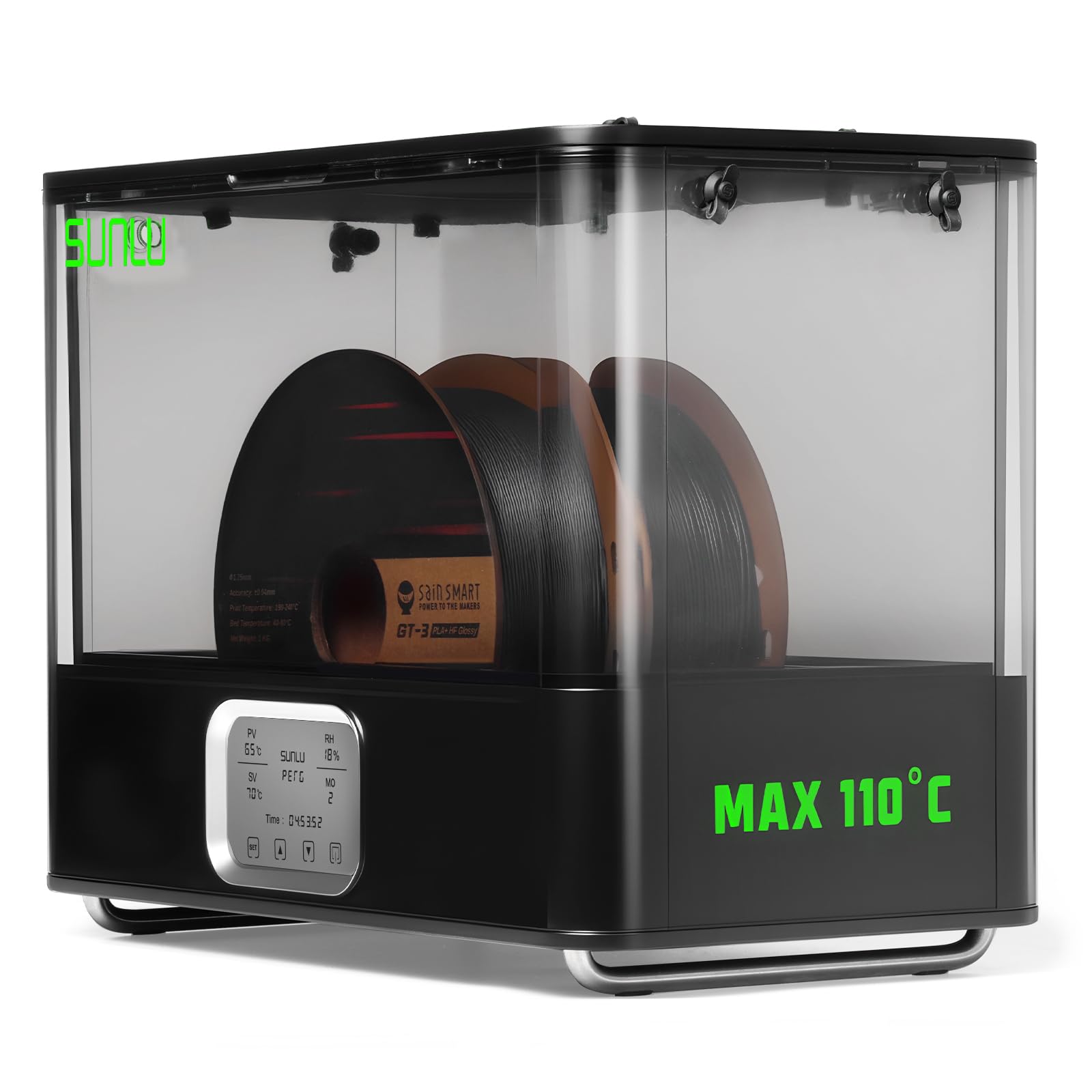 SainSmart SUNLU E2 Filamenttrockner Box, 110°C Max. Temperatur, 500W PTC-Heizung, 3-in-1 Trocknen + Tempern + Entfeuchten, Doppelkammer mit Dichtung, kompatibel mit PLA, ABS, PC, PA-CF, GF, FR-ABS