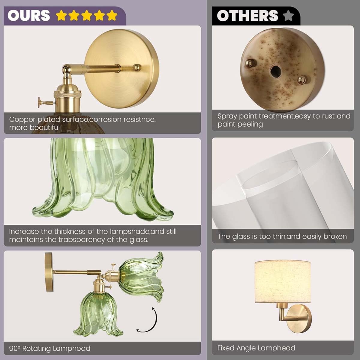 Lámpara de pared dorada recargable para interiores, estilo retro, con casquillo E27, RGB regulable y mando a distancia, inalámbrica, para mesita de noche, ajustable, con cristal verde, aplique de par
