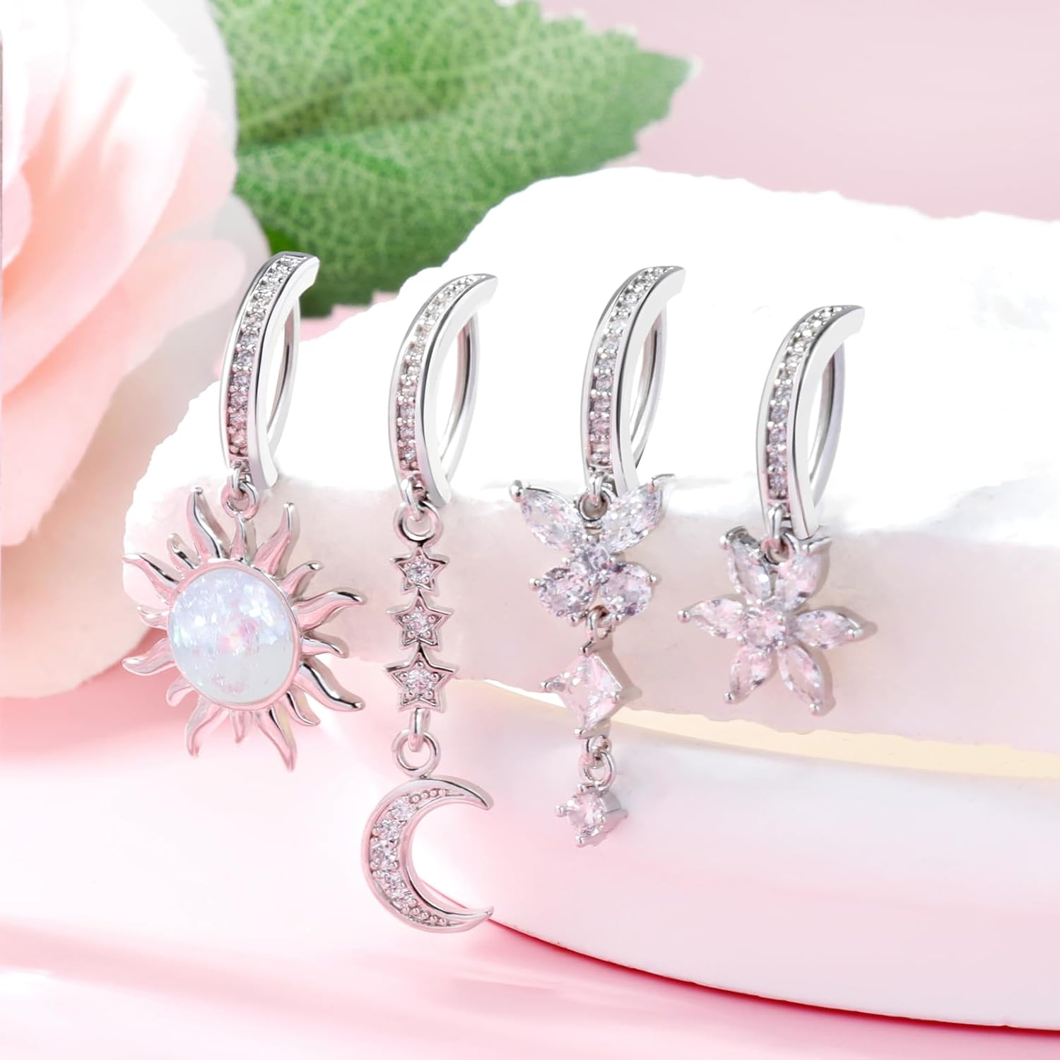 7Pcs 14G Clicker Belly Button Rings Dangle Belly Rings for Women Surgical Steel Hoop Belly Button Ring Butterfly Moon CZ Opal Flower Belly Button Piercing Jewelry - Image 6