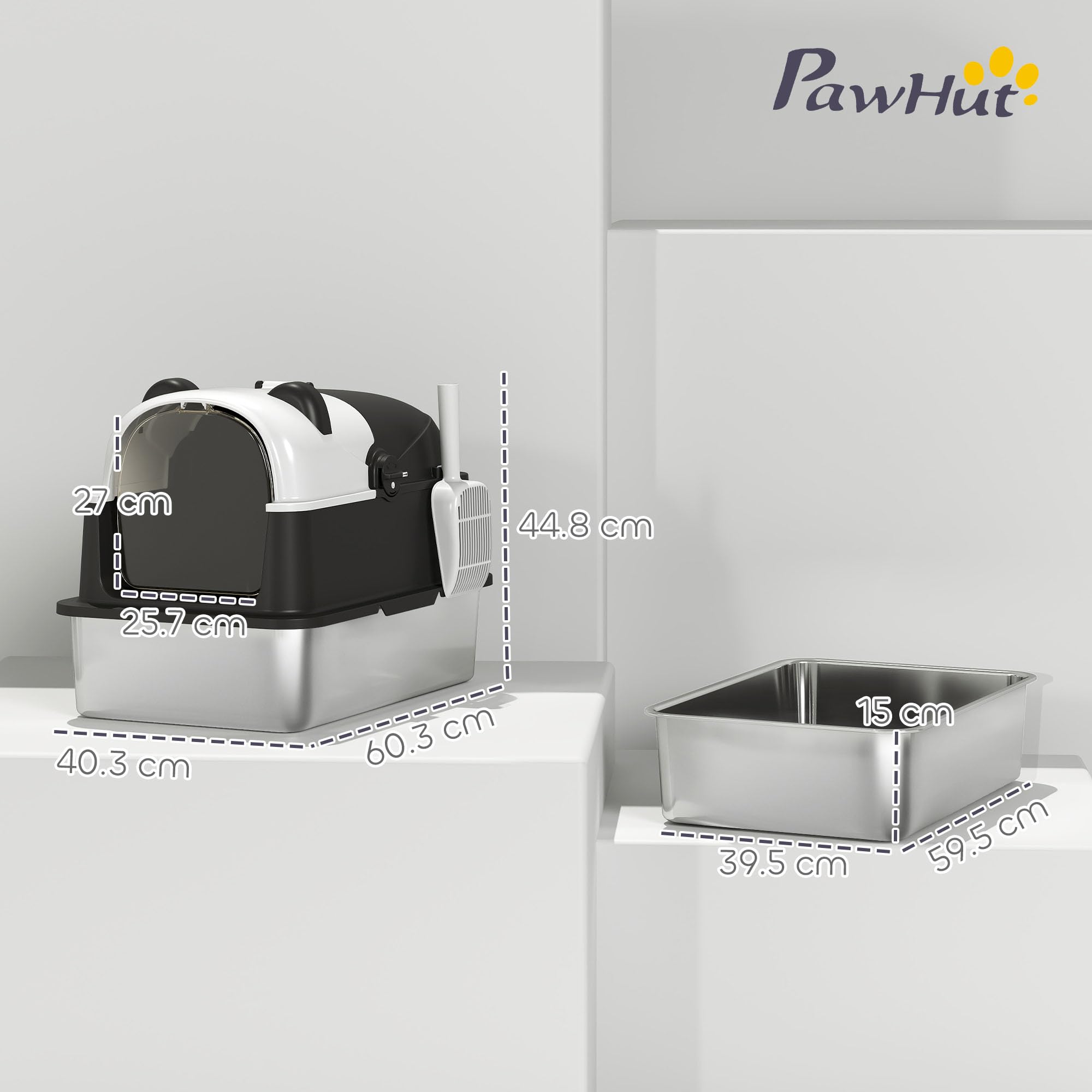 PawHut XL Bandeja Sanitaria de Acero Inoxidable con Tapa, Bandeja Sanitaria Extra Grande con Pala y Tapa abatible 180°, antifugas, Antiadherente, antiolor, fácil de Limpiar, para Gatos Grandes,