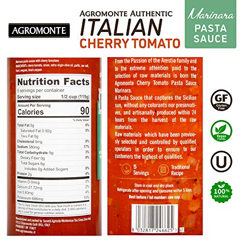 Agromonte Authentic Italian Cherry Tomato Pasta Sauce (Marinara)- Taste of Italy Gourmet Foodie and Chef Gift - Certified Kosher, Gluten-Free, All Natural, non-GMO, No Added Sugar 20.46oz (2 pack) - Thumbnail 2
