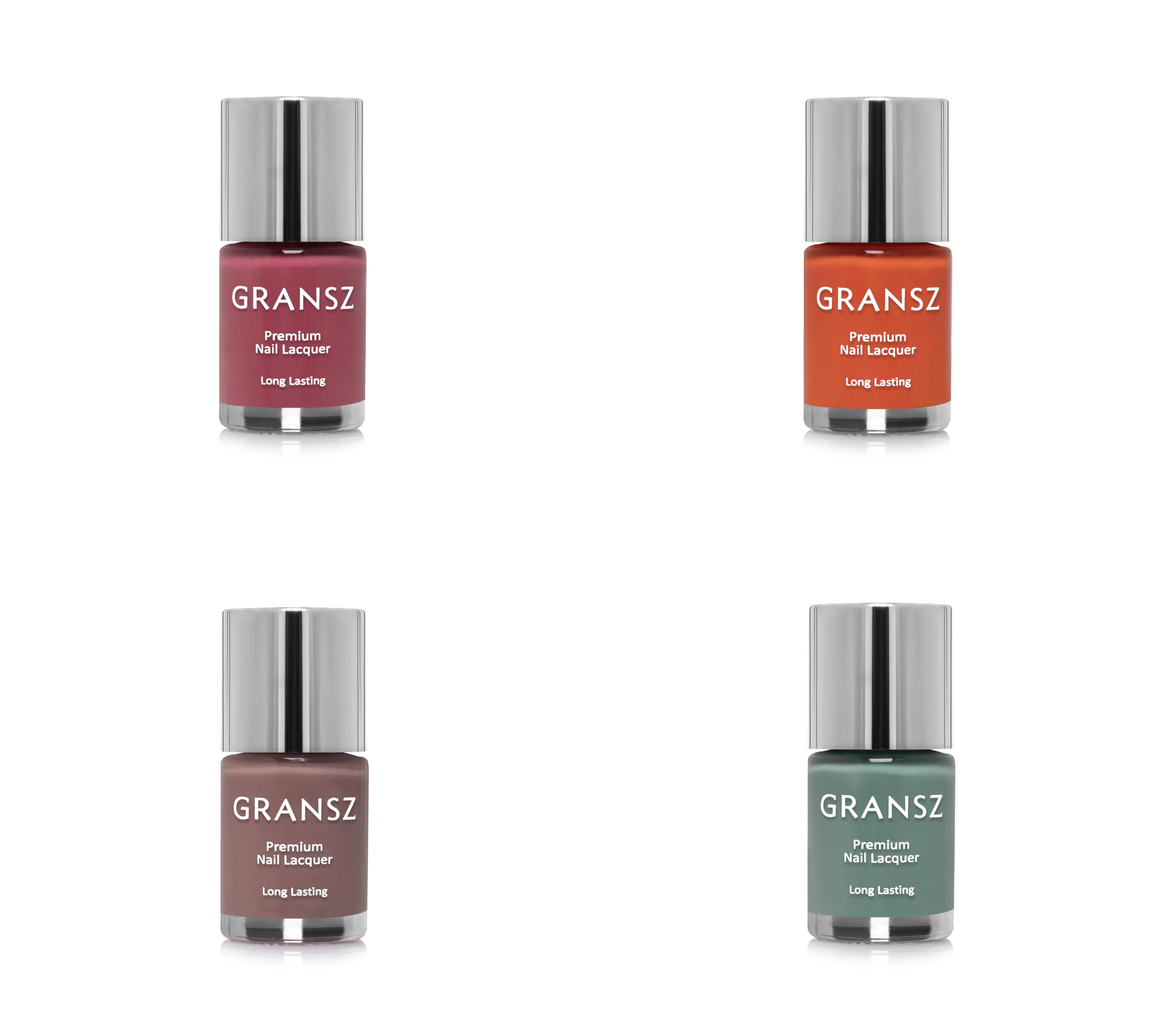 Gransz Premium Nail Lacquer | Stunning Colors | Long Lasting Vibrant Styles | Chip Resistant - 4pc - NUDE CHERRY | ORANGE SERUM | LIGHT GRACE | GREEN NUDE