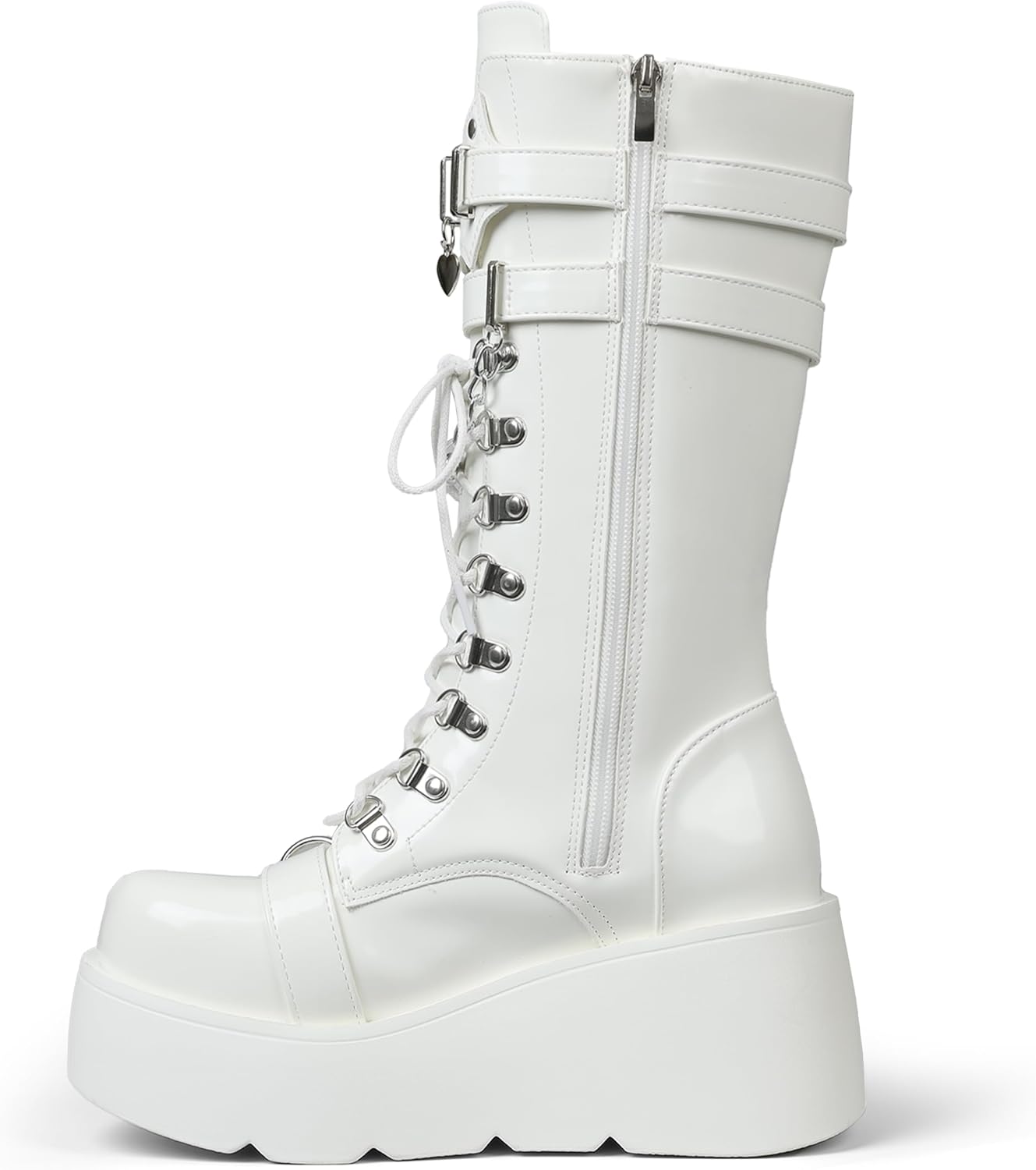 Women's Black Platform Boots Wedge Combat Gothic Chunky Heel Lace Up Mid Calf Punk Motorcycle Shoes - Image 6