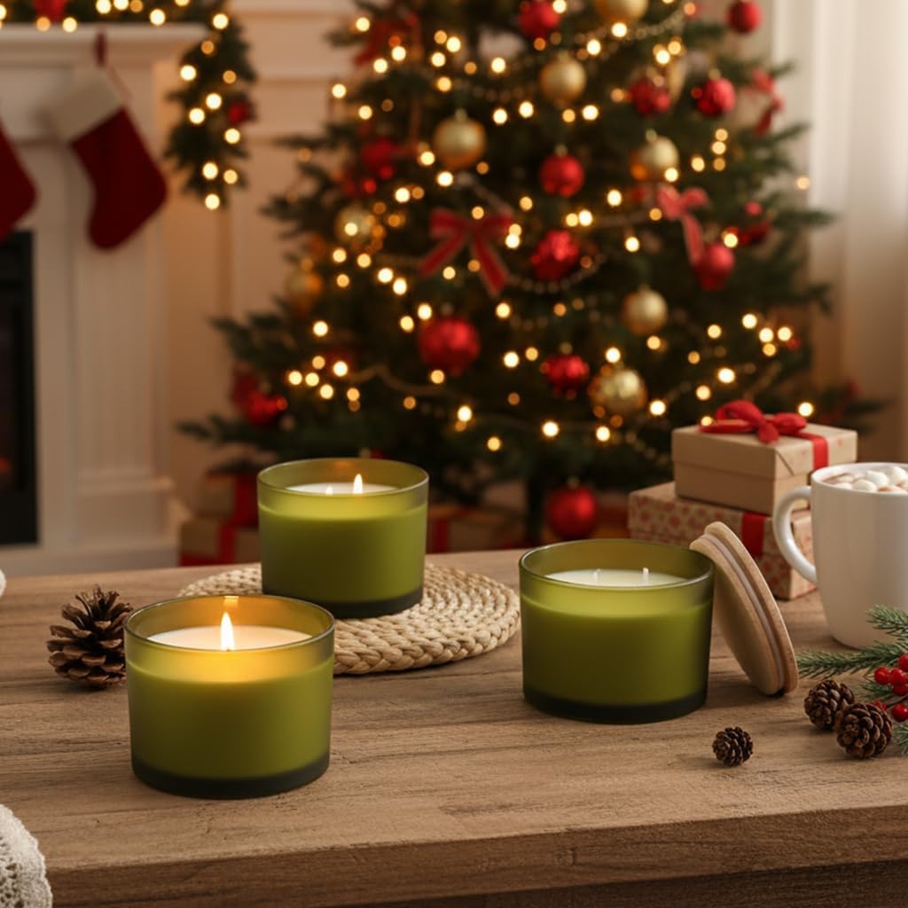 LAMORGIFT 6 Pack 16 OZ Green Glass Candle Jars, Large Candles Jars for Making Candles, Frosted Candle Containers Vessels Bulk with Lids and Labels for DIY/Home Decor/Holiday Gift Crafting