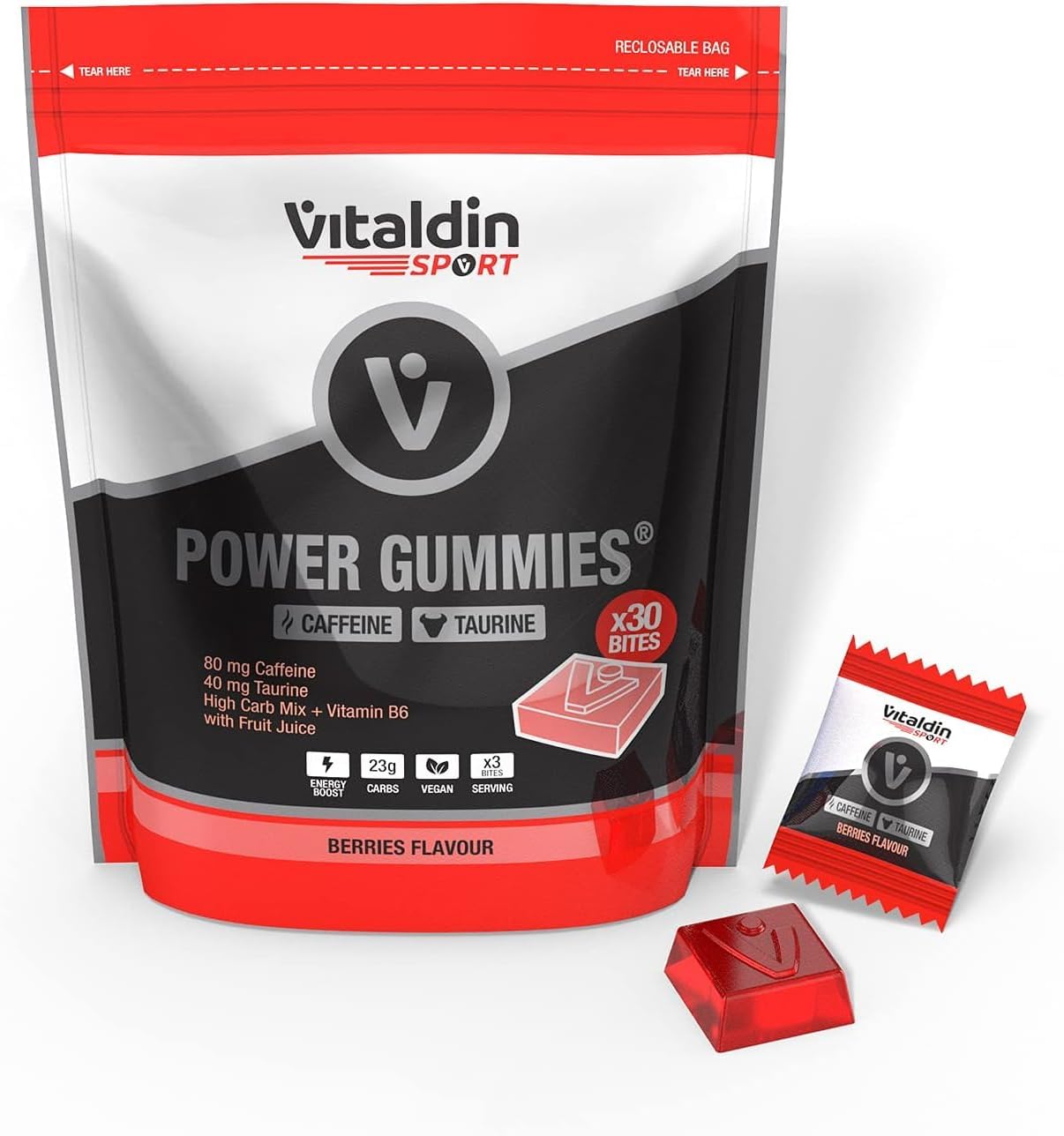 SPORT Power Gummies Cafeïne en taurine — Snelle en aanhoudende energie — 80 mg cafeïne, 40 mg taurine per portie + vitamine B6 — Doypack van 30 gummy bites — Smaak van rood fruit — Vegan