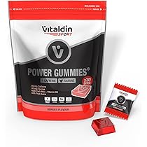 VITALDIN SPORT Power Gummies – 80 mg Caffeina, 40 mg Taurina per dose + Vitamina B6 – 30 Caramelle Gommose – Bites gusto Frutti Rossi – Vegano