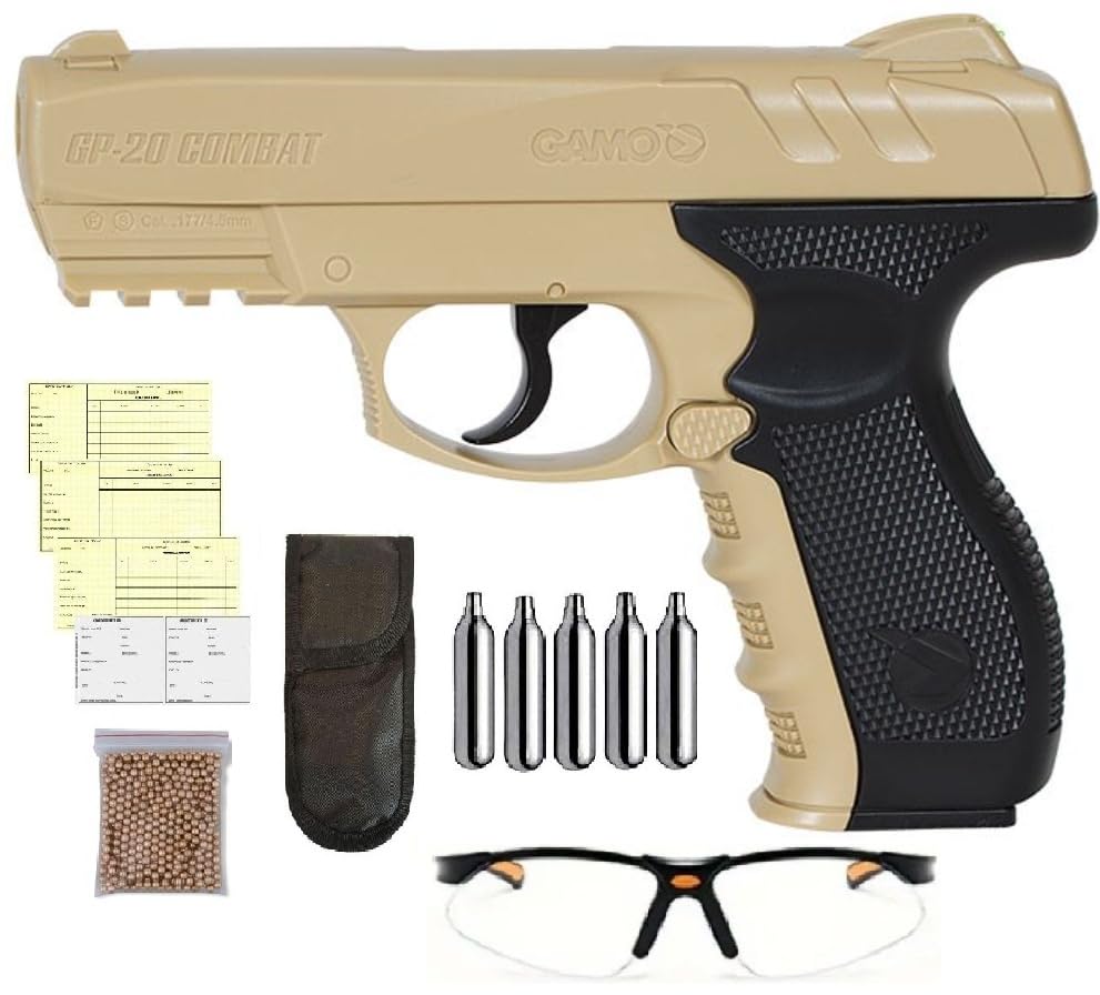 Pack Pistola balines Gamo GP-20 Desert 3 Julio. GP20 + Gafas Protectoras + Tarjeta de Armas + Funda + balines + Bombonas CO2