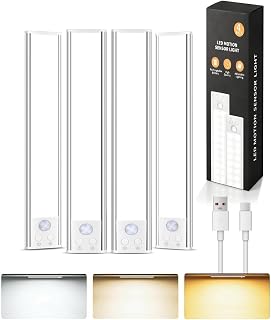 SZOKLED 10" Under Cabinet Lighting 4 Pack Wireless Motion Sensor Light Indoor 3 Colors Dimmable Closet Lights Rechargeable Magnetic 68-LED Night Light for Kitchen, Stair, Wardrobe, Pantry