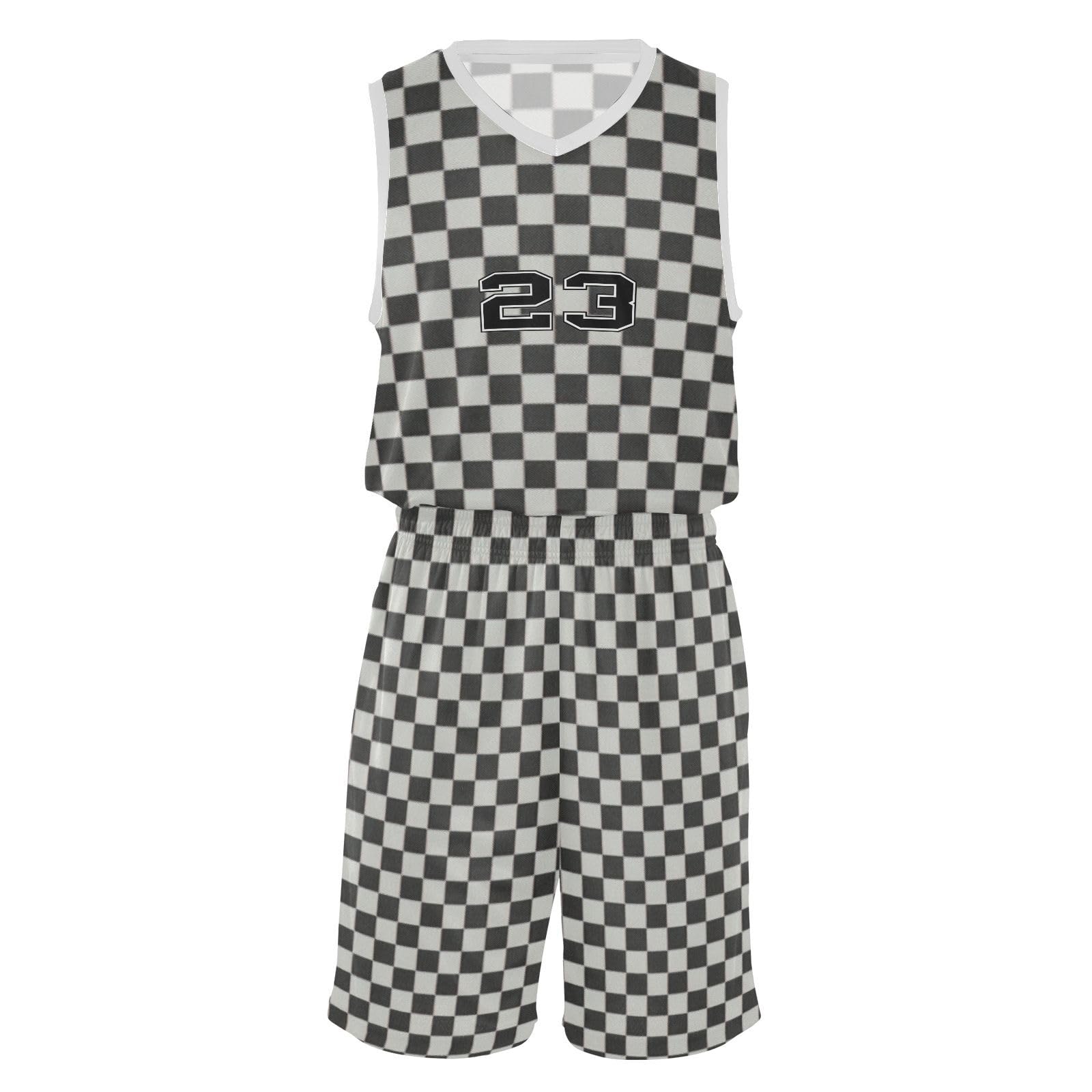 FLildon Checkered Black White Boys Basketball Jersey Set Tank Top Shorts Tracksuit Sport Training Suit for Kids, XL