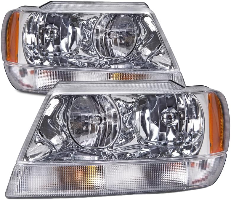 HEADLIGHTSDEPOT Chrome Housing Halogen Headlights Compatible With Jeep Grand Cherokee 1999-2004 Laredo Limited Style Includes Left Driver and Right Passenger Side Headlamps