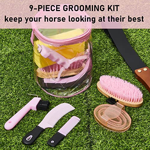 Cunhill 9 Pcs Horse Grooming Kit Tack Room Supplies Set with Tote Bag, Oval Massage Curry, Hard and Soft Brush, Hoof Pick, Sweat Scraper, Bathing Sponge, Comb for Horse Rider(Cute,Pink) - Image 5