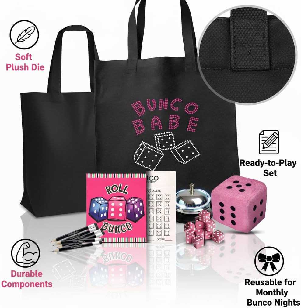 Bunco Babe Game Kit for 12 Players – All-in-One Bunco Party Supplies Starter Set with Tote Bag, Dice, Score Sheets, Pencils, Bell & Plush Die – Ready-to-Play Hostess Kit