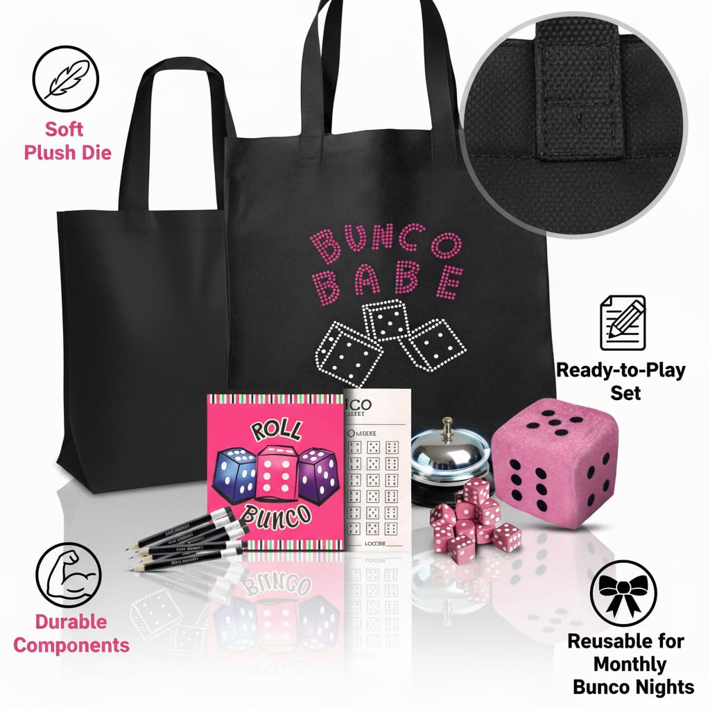 Bunco Babe - Kit de juego con suministros de fiesta para 12 jugadores, bolsa de mano, dados, hojas de puntuación, lápices, campana y dados de peluche. Todos los suministros de fiesta Bunco que 3