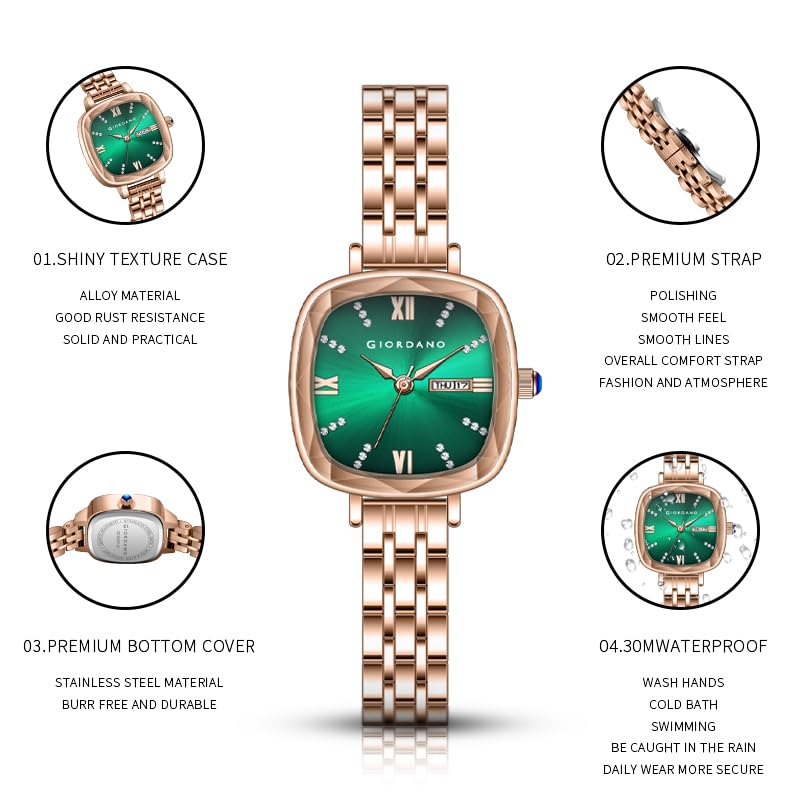 Image of Giordano Elegant Square Rose Gold Watch for Women - Crystal & Roman Hour Markers, Day-Date Display, Stainless Steel Strap