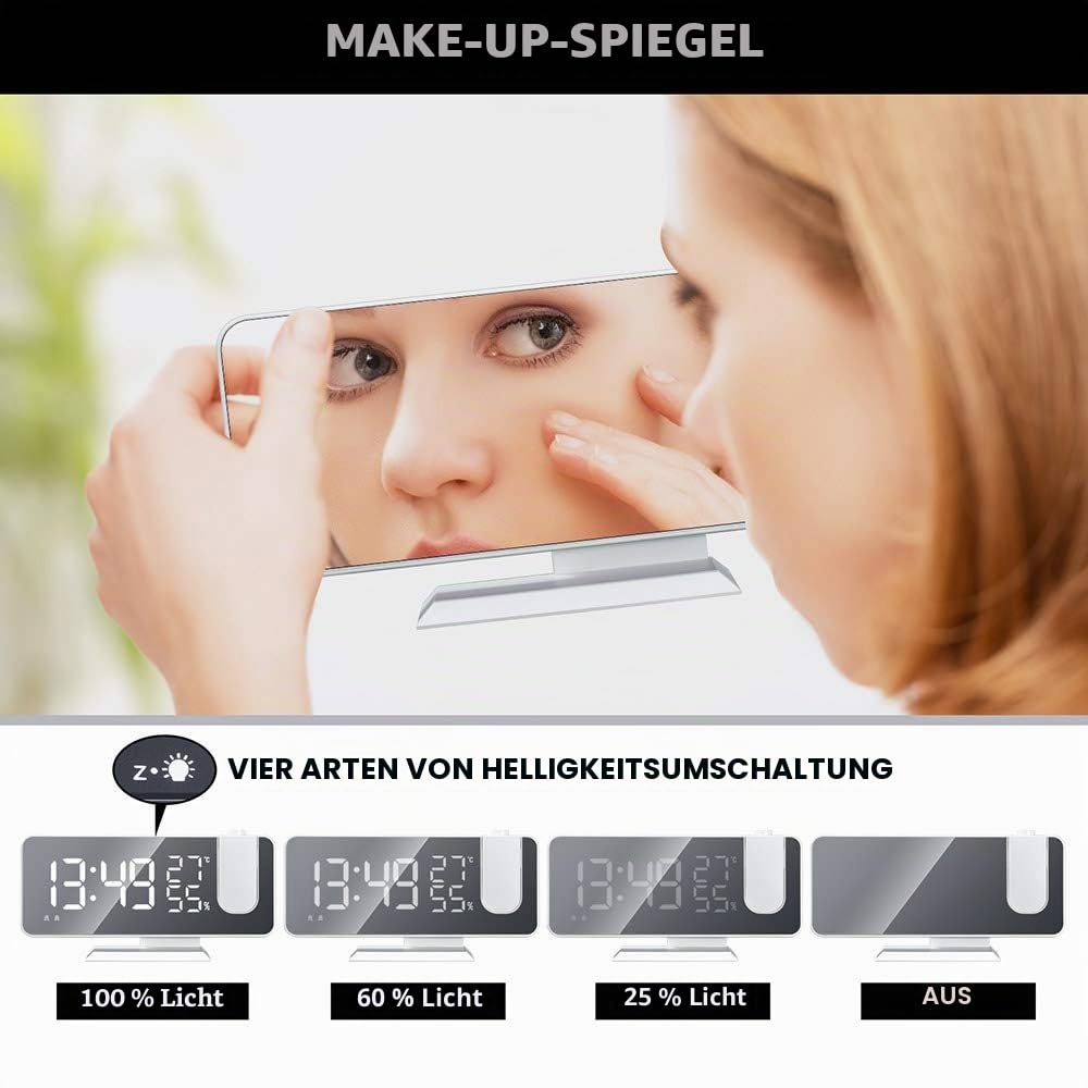 Projektionswecker, digitaler LED-Wecker mit Spiegelfläche, USB-Ladeanschluss, Wiederholung, Dual-Alarm, FM-Radio, 3 Dimmmodus, Luftfeuchtigkeit der Temperatur, Einstellung 12/24 Stunden