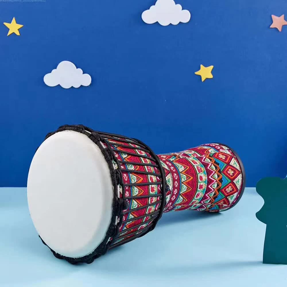 Walmeck Tambor Africano Djembe, Tambor de Mano Portátil de 8 Pulgadas, Cabezal Piel Cabra, Cuerpo Resina ABS, Patrones Artísticos Coloridos para Práctica Via (Roja)