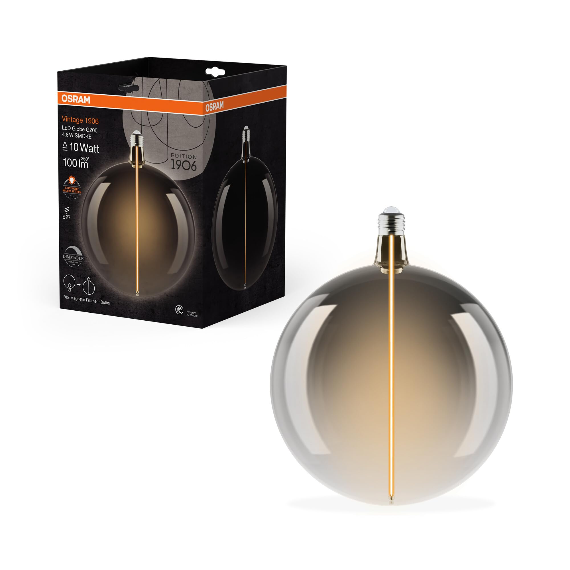 Osram Vintage 1906 Big Globe ist eine dimmbare, dekorative Lampe mit LED-Glüwendel-Magnet-Technologie. Sie bietet 4.8 W,1800K, E27 Fassung, Smoke Glas, 200 mm Durchmesser, Farbwiedergabe CRI 80.