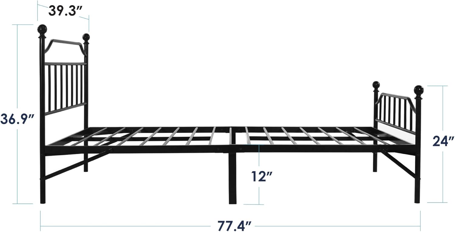Diagram showing the dimensions of the Mellow Roxbury Twin bed frame: 77.4 inches length, 39.3 inches width, 36.9 inches headboard height, 12 inches under-bed clearance, 24 inches footboard height.