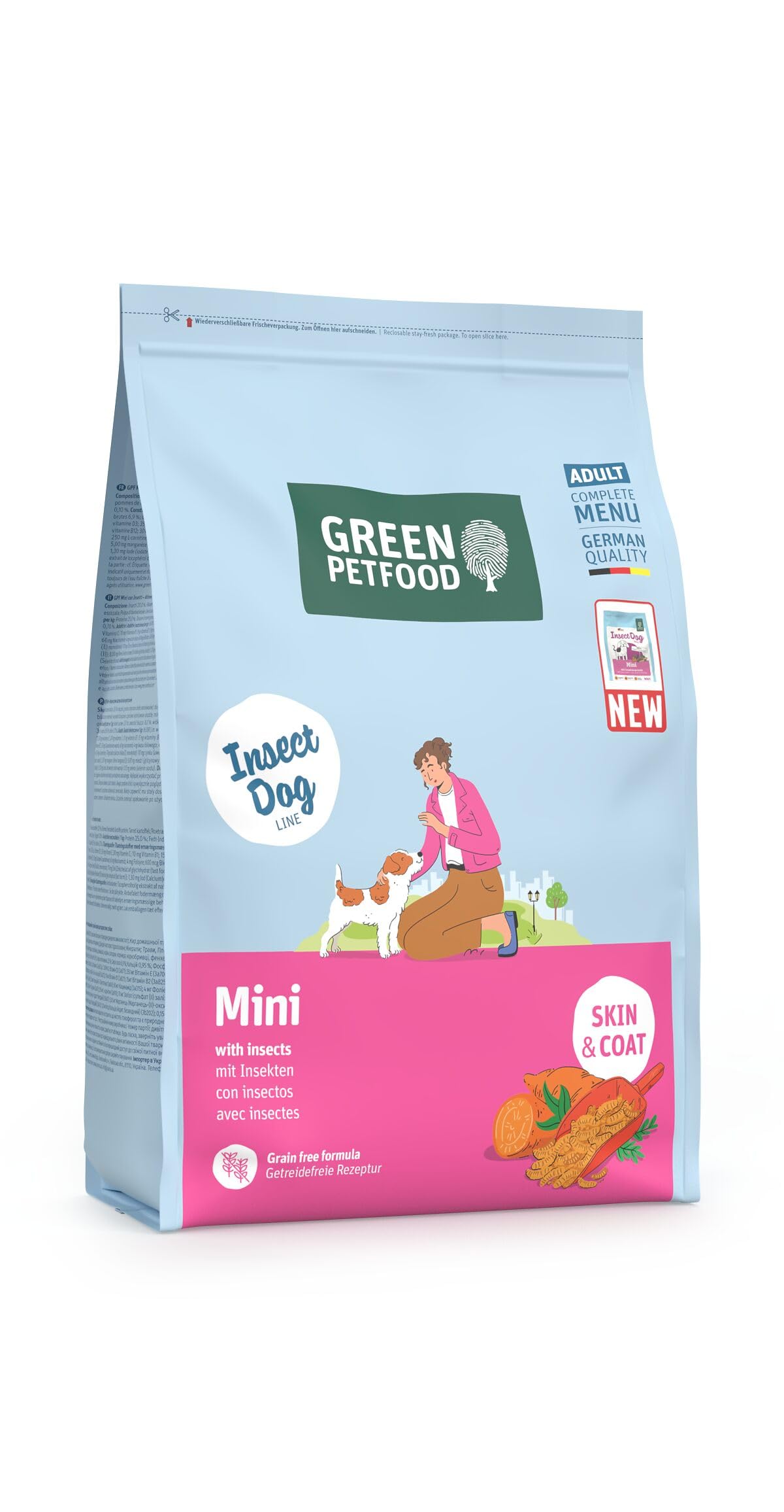 Green Petfood InsectDog Mini mit Insekten (1 x 3 kg) | Adult Mini | Premium Trockenfutter für ausgewachsene kleine Hunde | Süßkartoffel & Erbse | getreidefrei | extrakleine Kroketten | 1er Pack