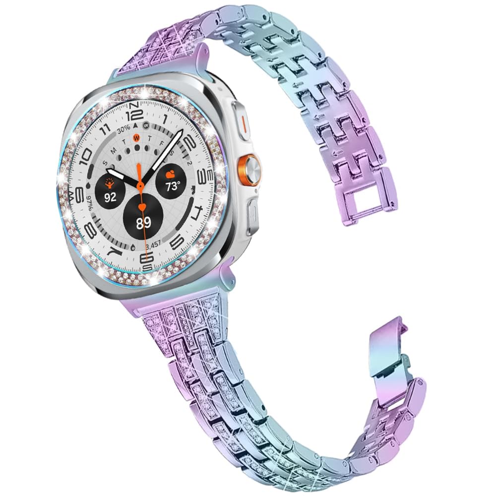 DEALELE Bracelet and Bezel Cover Compatible with Samsung Galaxy Watch 7 Ultra 47 mm, Glitter Diamond Metal Bracelets with Rhinestone Stainless Steel Bezel Ring Replacement for Men and Women 2# Rainbow galaxy 7 Ultra (47mm)